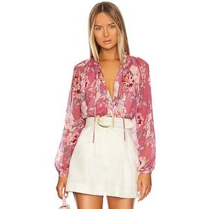 Yumi Kim Revolve Womens Sundown Floral Blouse S Pink Button‎ Up Peasant Tie Neck